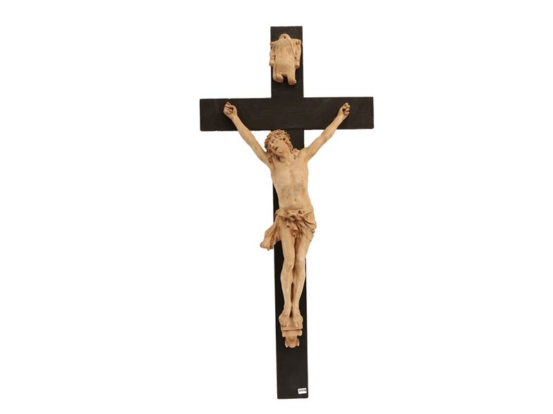 Grande Crocifisso in Terracotta e Legno Ebanizzato