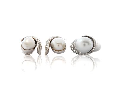 Demi Parure Anello e Orecchini in Oro Bianco con Diamanti e Perle Barocche
