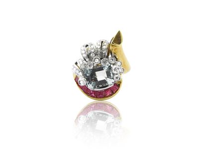 Anello in Oro Giallo e Bianco con Diamanti, Rubini e Acquamarina