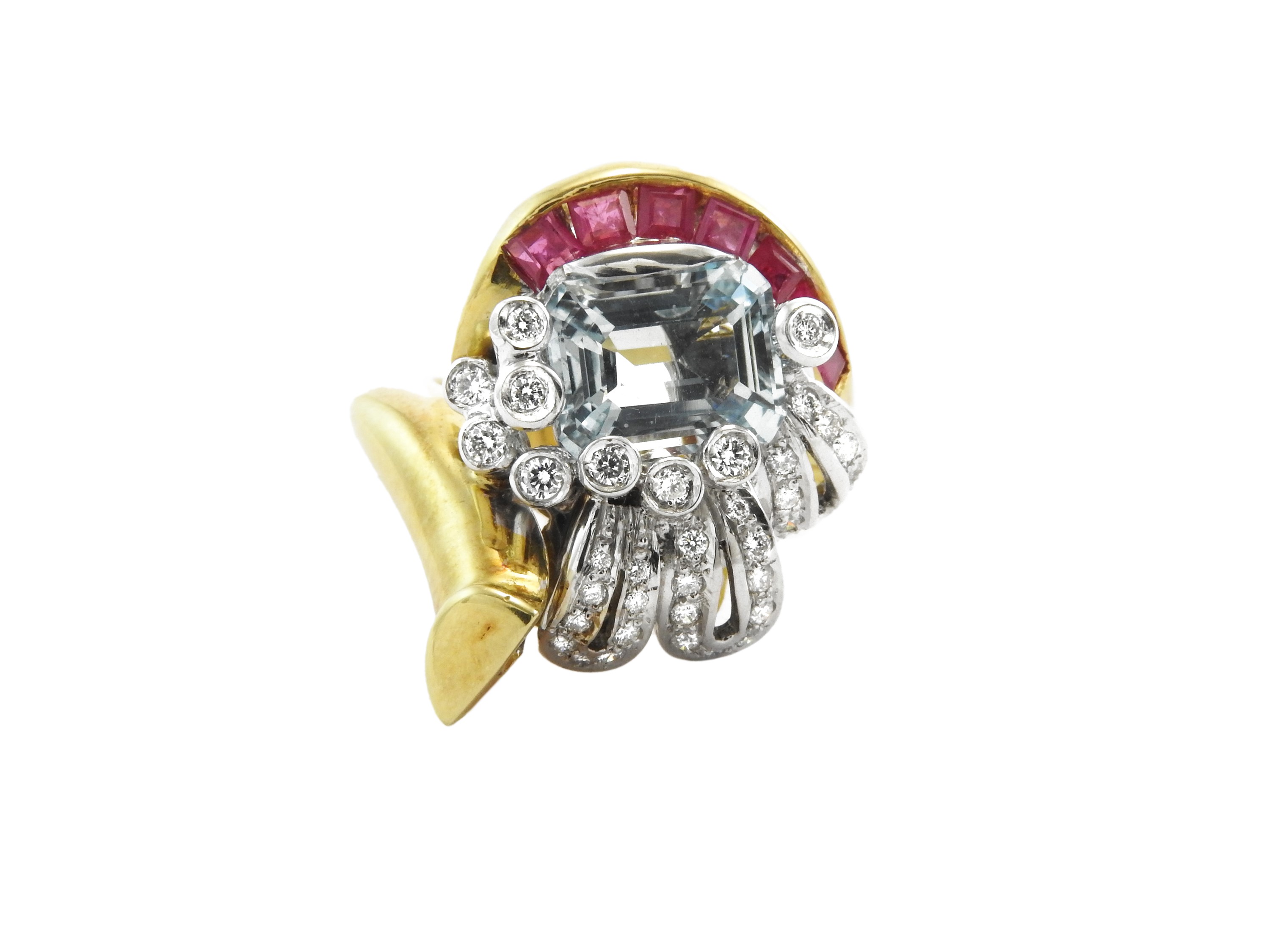 Anello in Oro Giallo e Bianco con Diamanti, Rubini e Acquamarina
