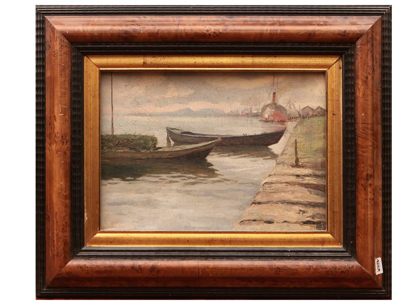 Scuola Napoletana Dell'inizio del XX Secolo - Marina con Barche All'ormeggio, 1911