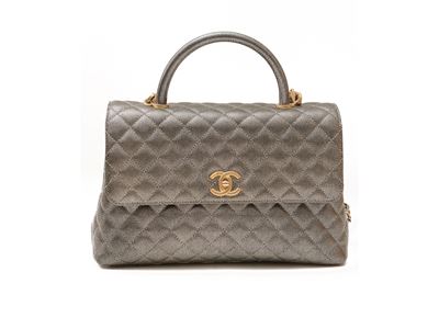 Chanel, Borsa "coco Handle" in Pelle Caviar Argento Matelassé
