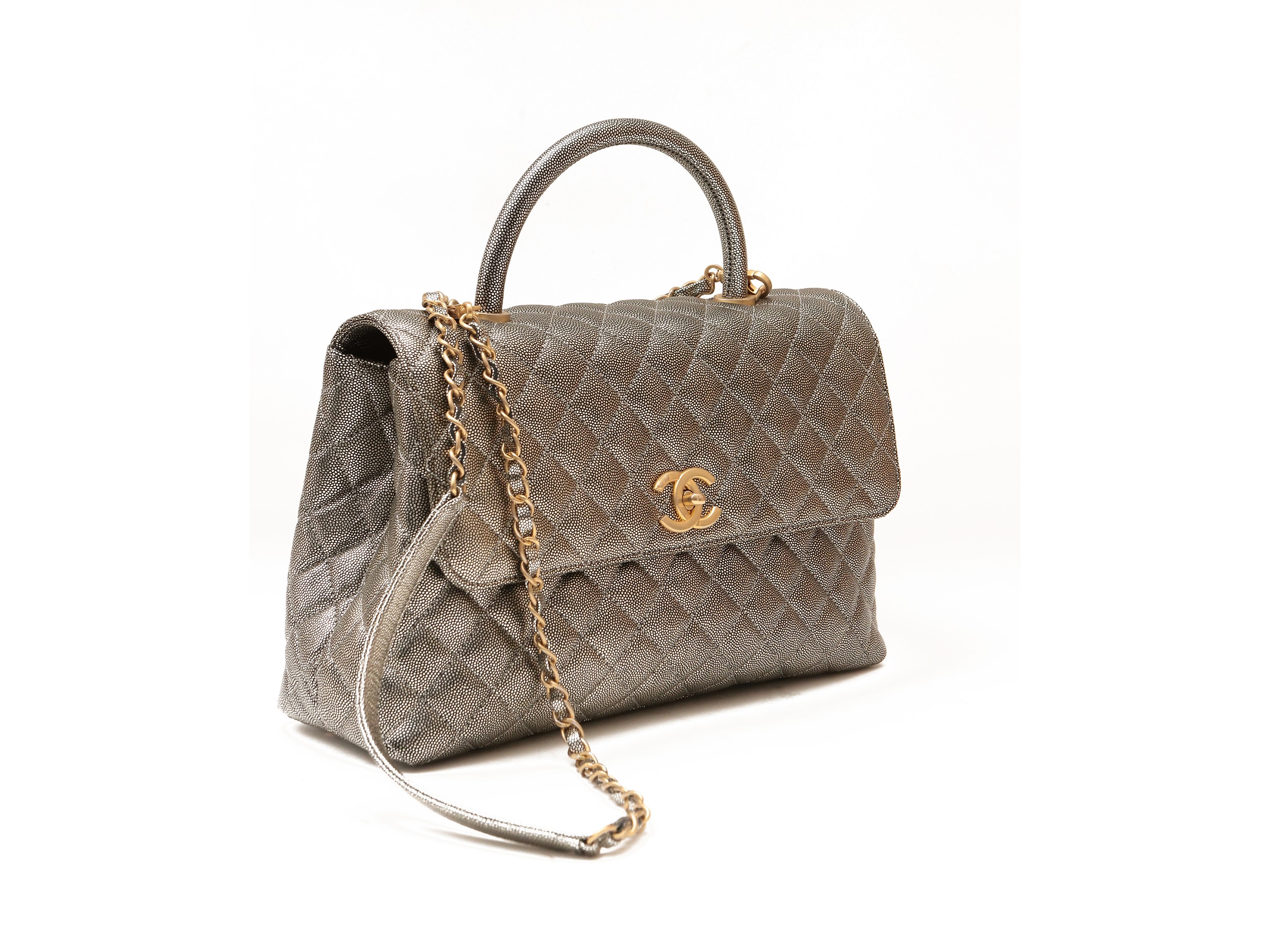 Chanel, Borsa "coco Handle" in Pelle Caviar Argento Matelassé