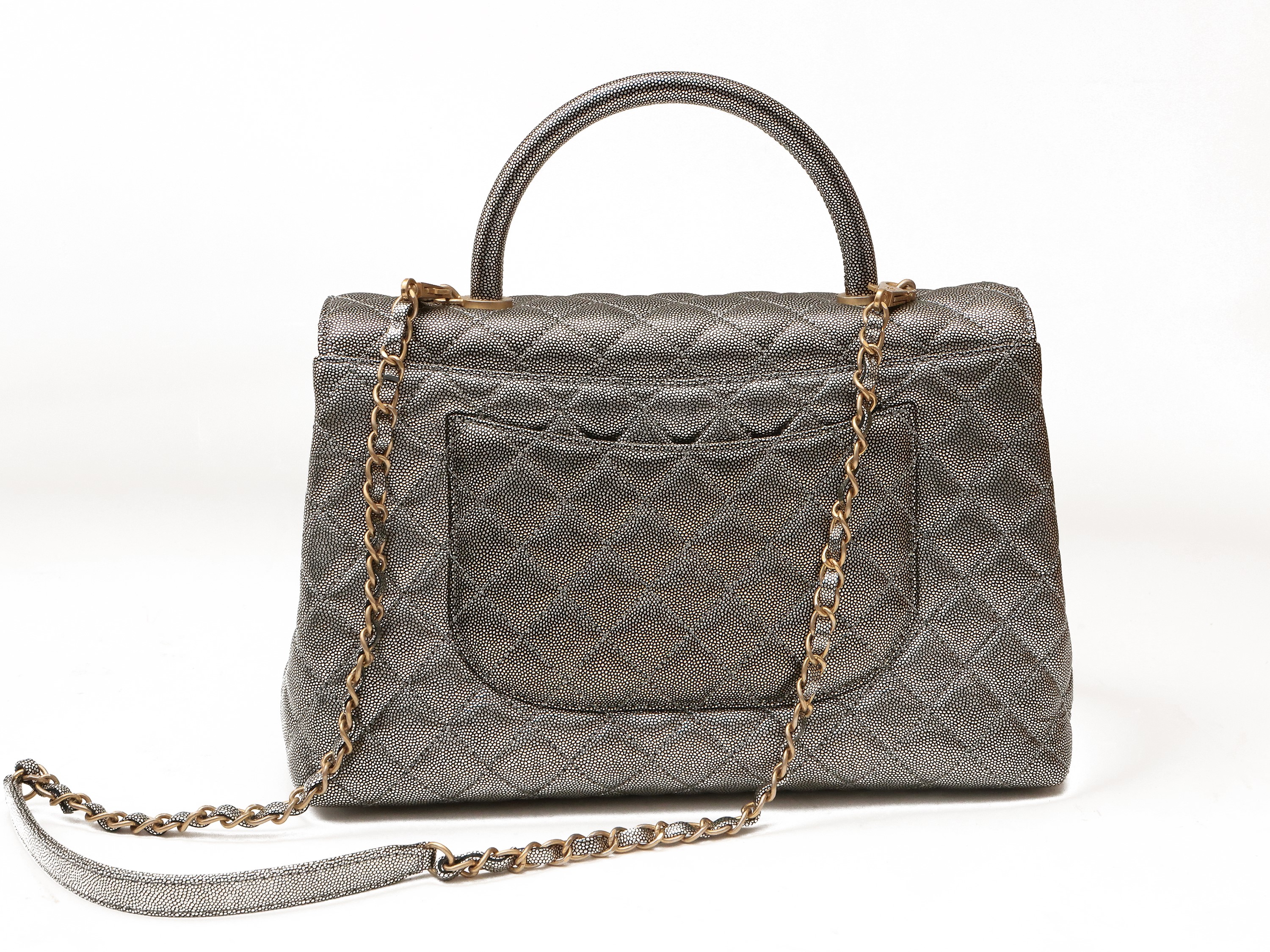 Chanel, Borsa "coco Handle" in Pelle Caviar Argento Matelassé