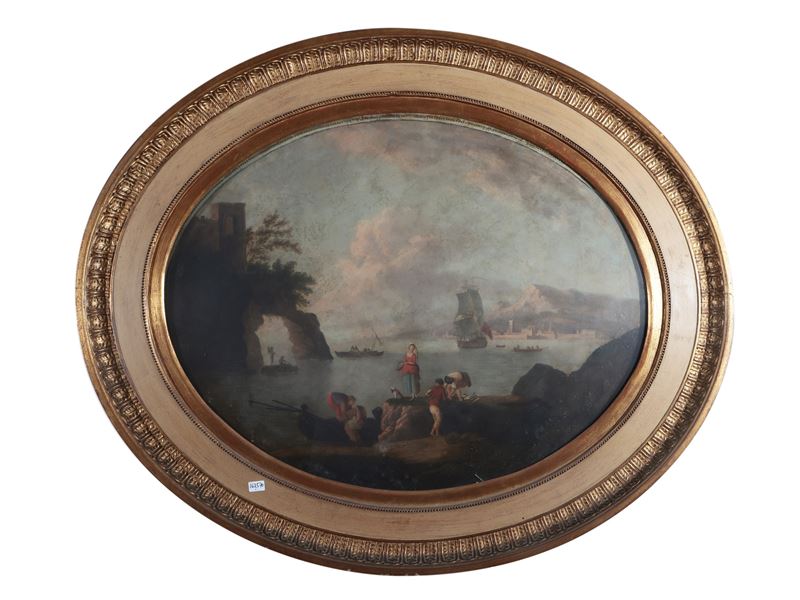 Veduta di Palermo con Pescatori e Personaggi in Primo Piano