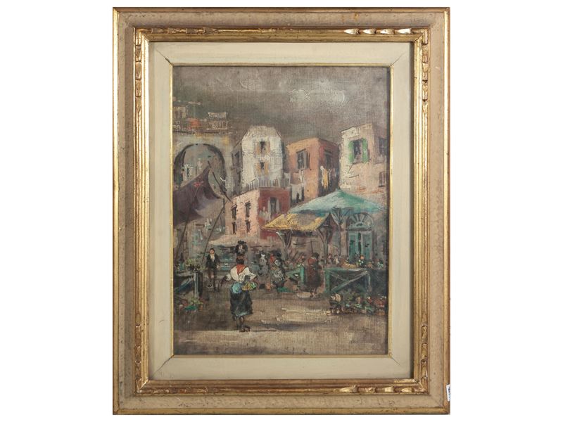 Scuola Napoletana del XIX Secolo - Scorcio di Piazza con Passanti