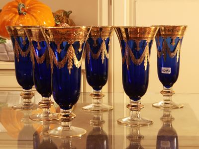 Serie di Sei Flute in Vetro Blu e Oro