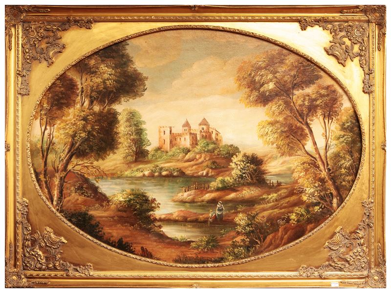 Paesaggio Fluviale con Castello e Personaggi
