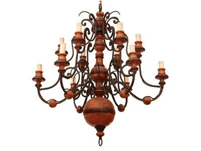 Lampadario, legno laccato con dettagli in ferro battuto
