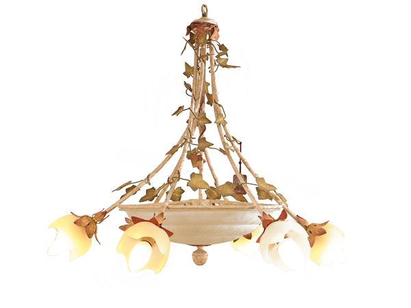 Lampadario a coppa in vetro e metallo laccato