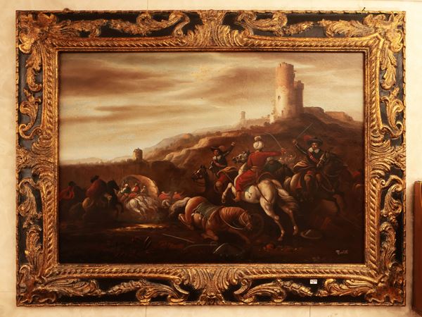 Scena di battaglia con castello sullo sfondo