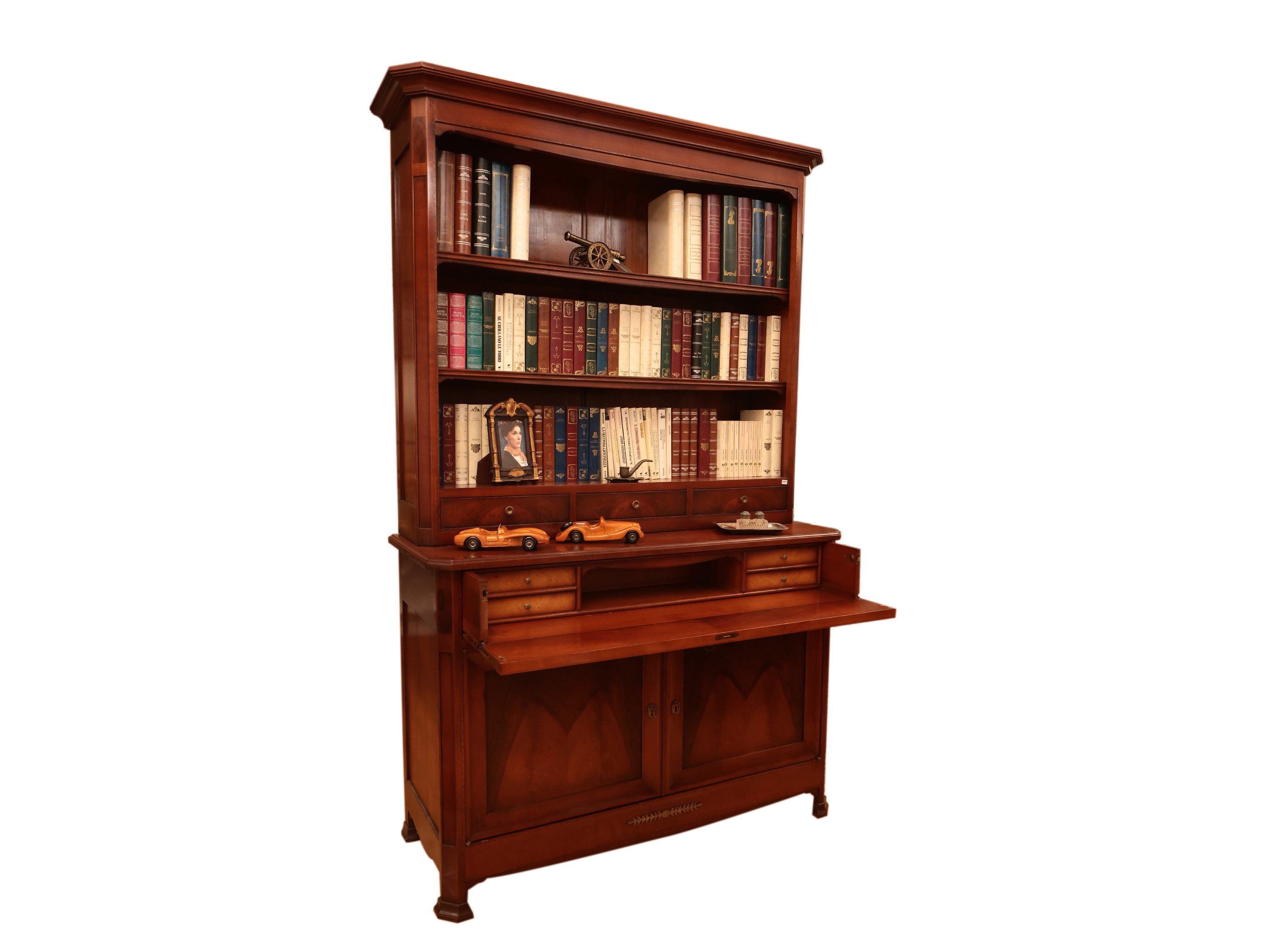 Libreria scrittoio a due corpi realizzata in varie essenze