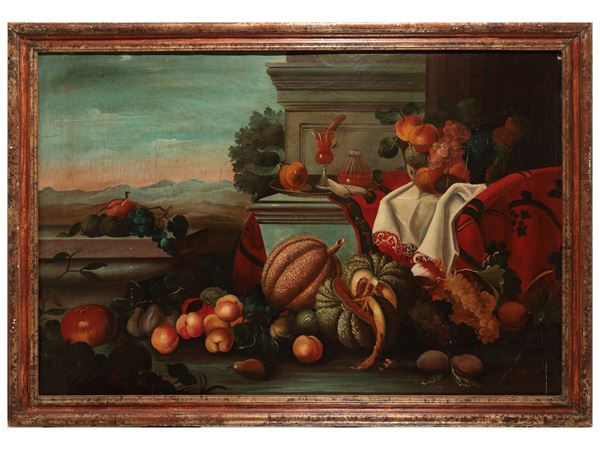 Scuola italiana, - Natura morta con frutta in un paesaggio