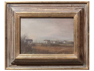 Paesaggio lacustre con capanni, olio su cartone telato, 1982