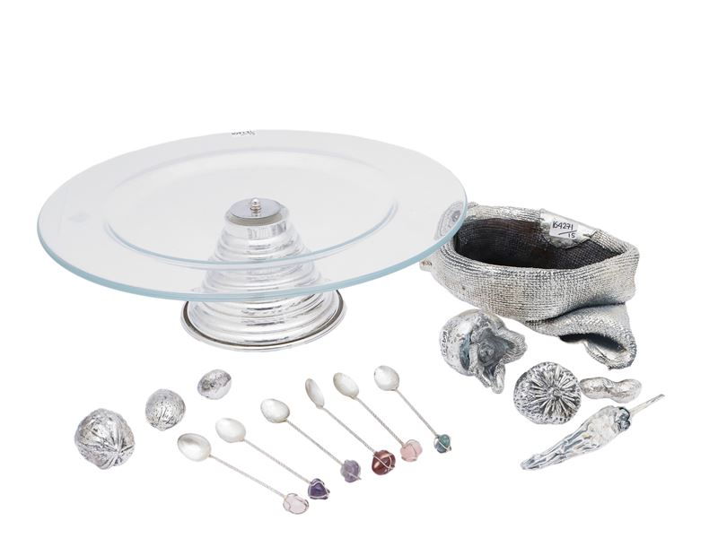Accessori per la tavola e la casa, alzata in argento 925 con cucchiaini in metallo argentato e ce...