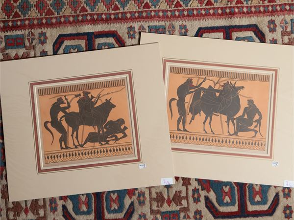 Dionysos sdraiato sopra un mulo con due satiri - Dionysos seduto su un toro con due satiri