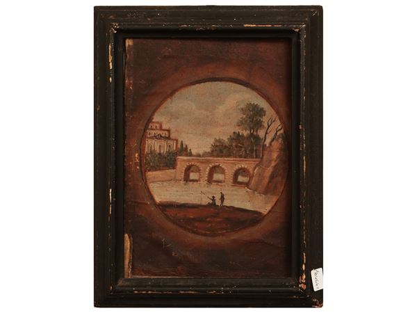 Paesaggio fluviale con ponte e pescatori