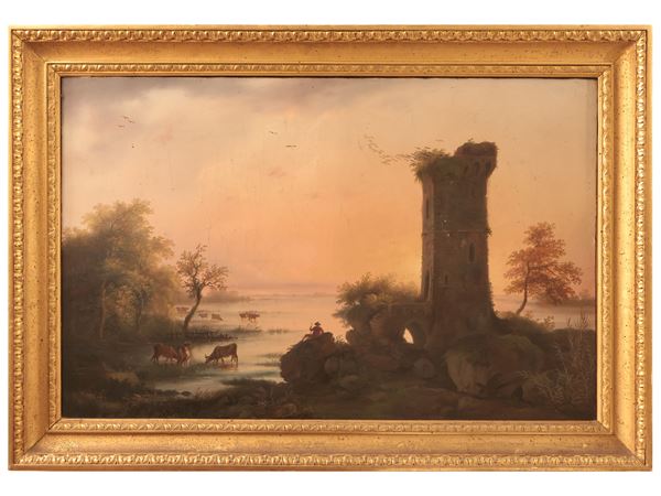 Scuola italiana della met&#224; del XIX secolo - Paesaggio con antica torre, pastore e armenti