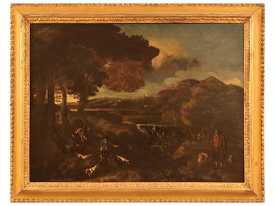 Scena di Caccia con Cacciatori e Cani in Paesaggio Boschivo
