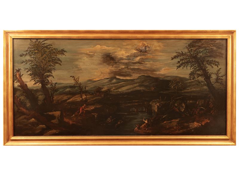 Scuola Fiamminga del XVII/XVIII Secolo - Paesaggio con Figure, Fiume e Ponte