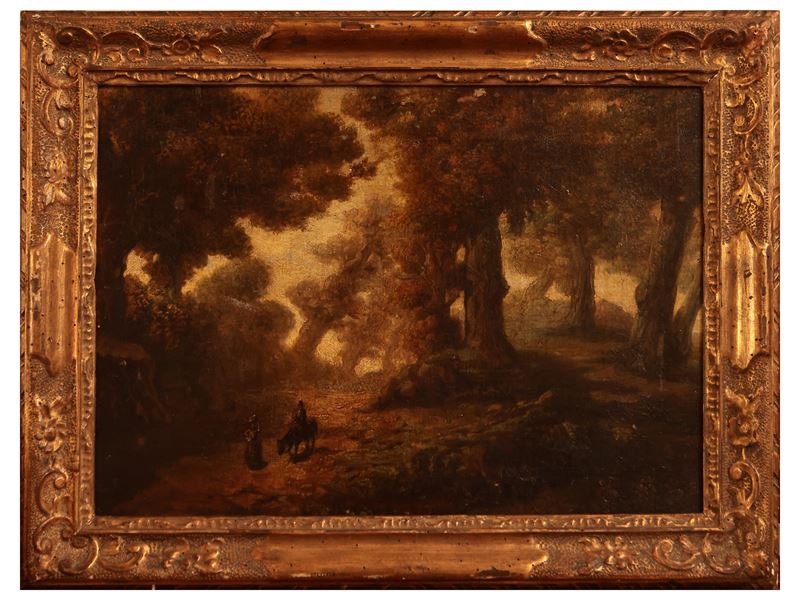 Paesaggio boschivo con viandanti