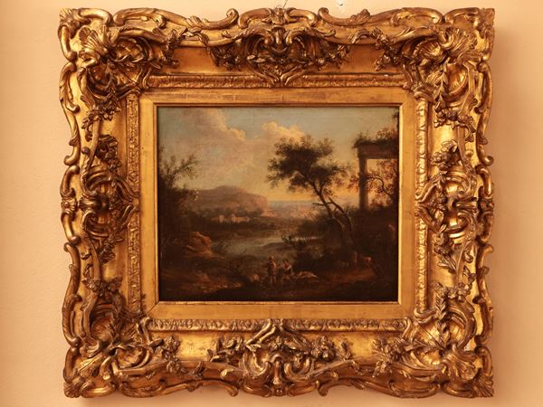 Scuola romana del XVIII/XIX secolo - Paesaggio con pastori