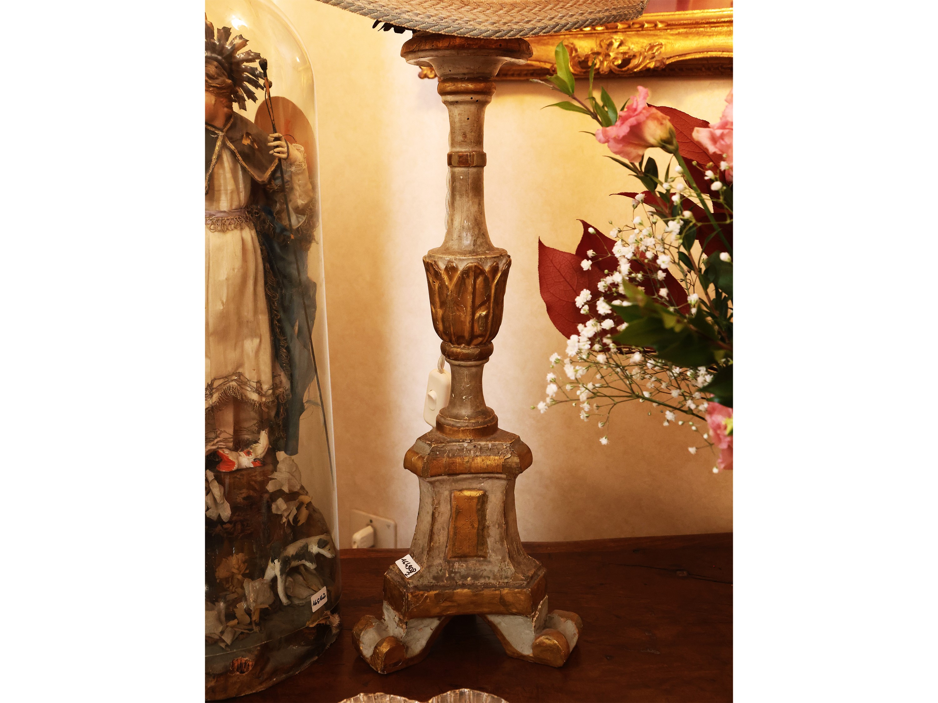 Torciera in Legno Laccato Verde Acqua e Lumeggiato in Oro