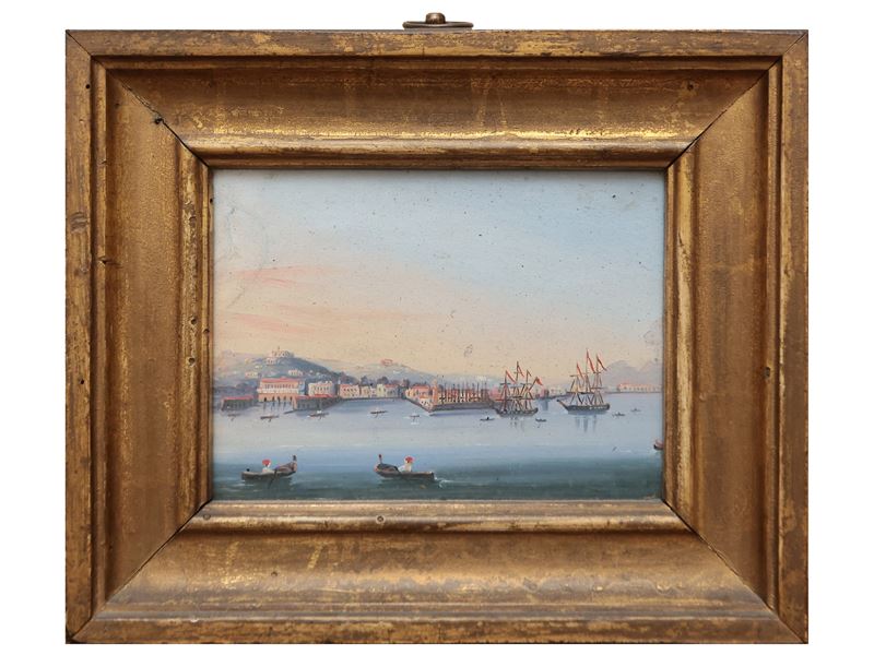 Scuola Napoletana della Fine del XIX/inizio del XX Secolo - Scorcio del Golfo di Napoli con Velie...