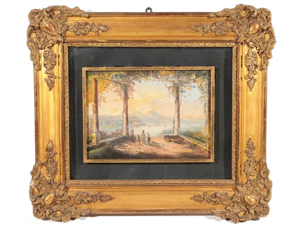Scuola napoletana - Paesaggio con figure e Vesuvio