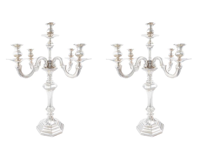 Coppia di monumentali candelabri in argento sterling 925/1000, Pampaloni Firenze