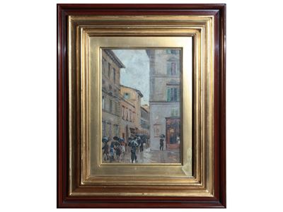 Scorcio Fiorentino con Passanti Sotto la Pioggia