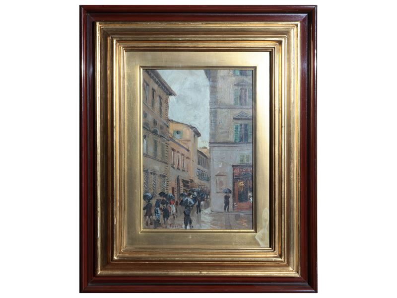 Egidio Tonti - Scorcio Fiorentino con Passanti Sotto la Pioggia
