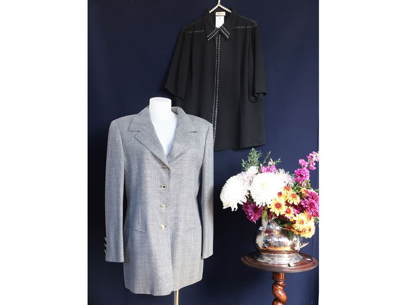 Escada, Giacca in lana grigia e lamé argento