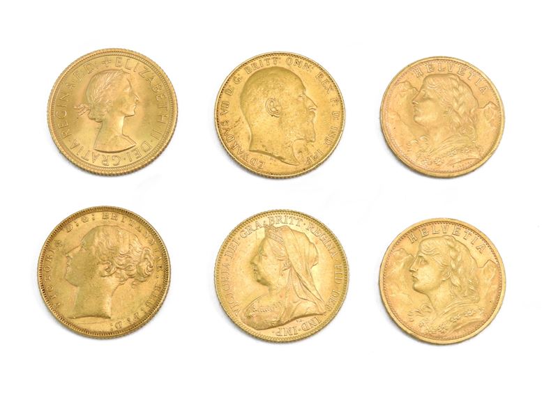 Quattro Sterline e due 20 Franchi Svizzeri in oro