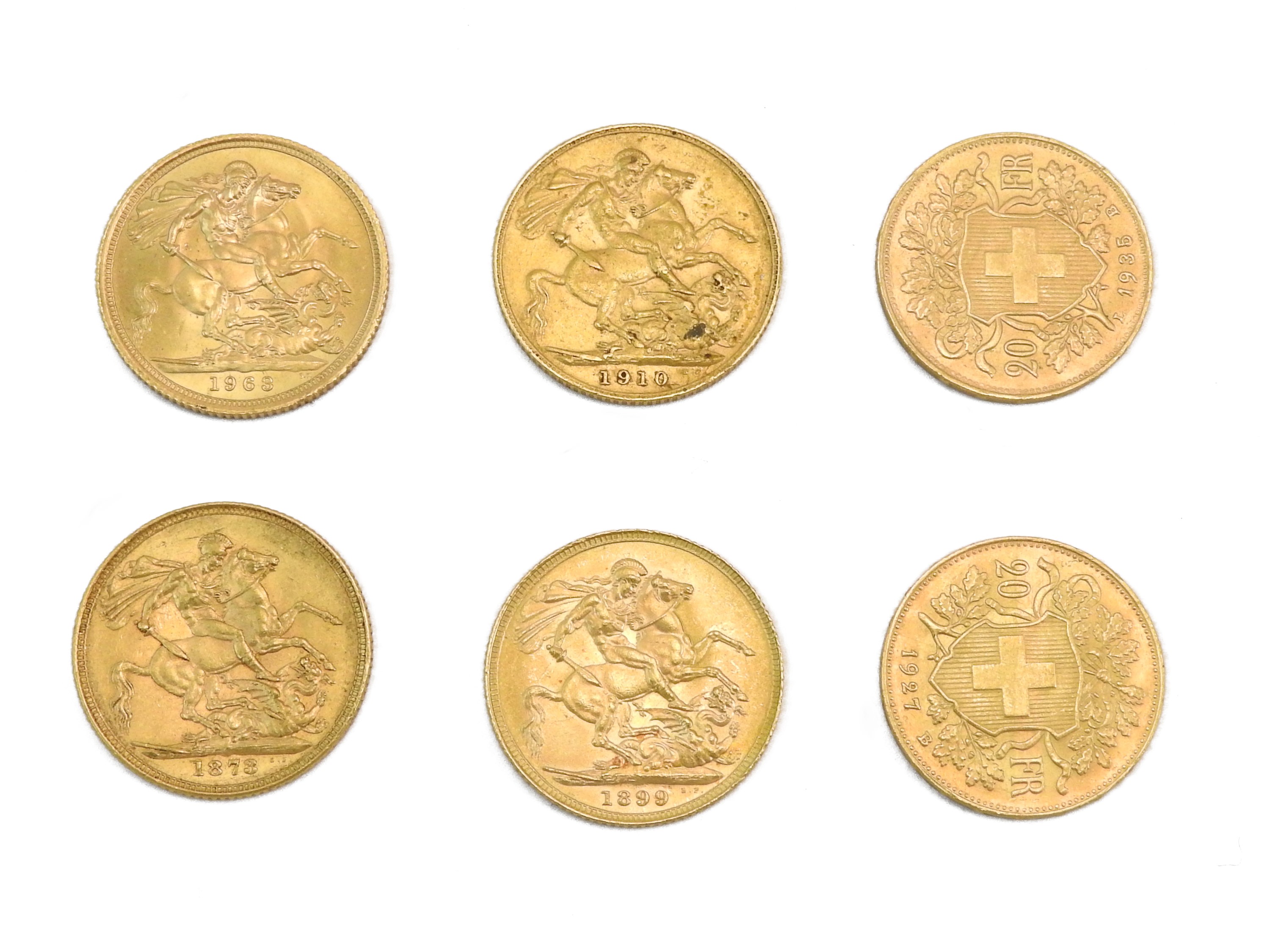 Quattro Sterline e due 20 Franchi Svizzeri in oro