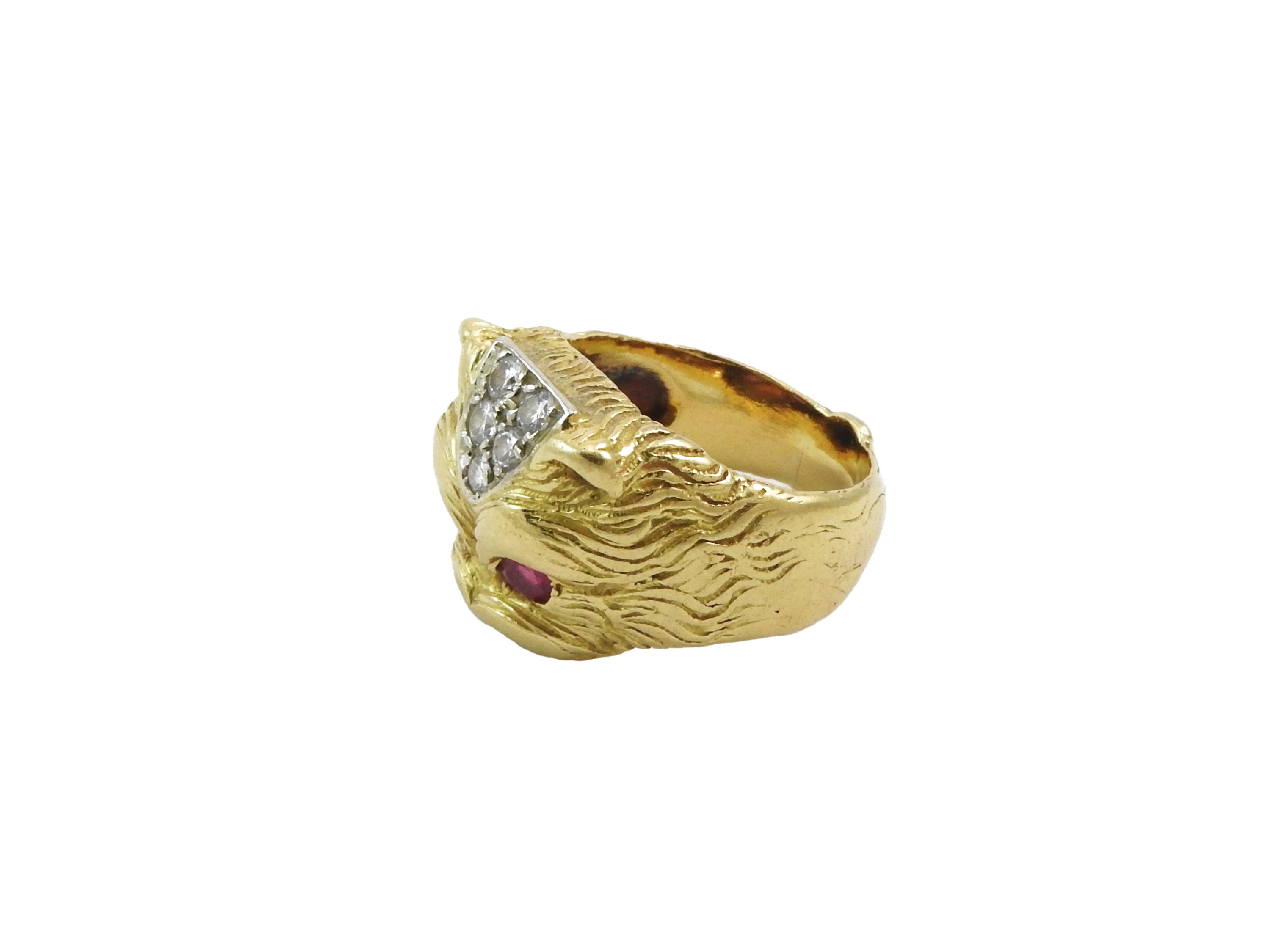 Anello da mignolo animalier in oro giallo con diamanti e rubini