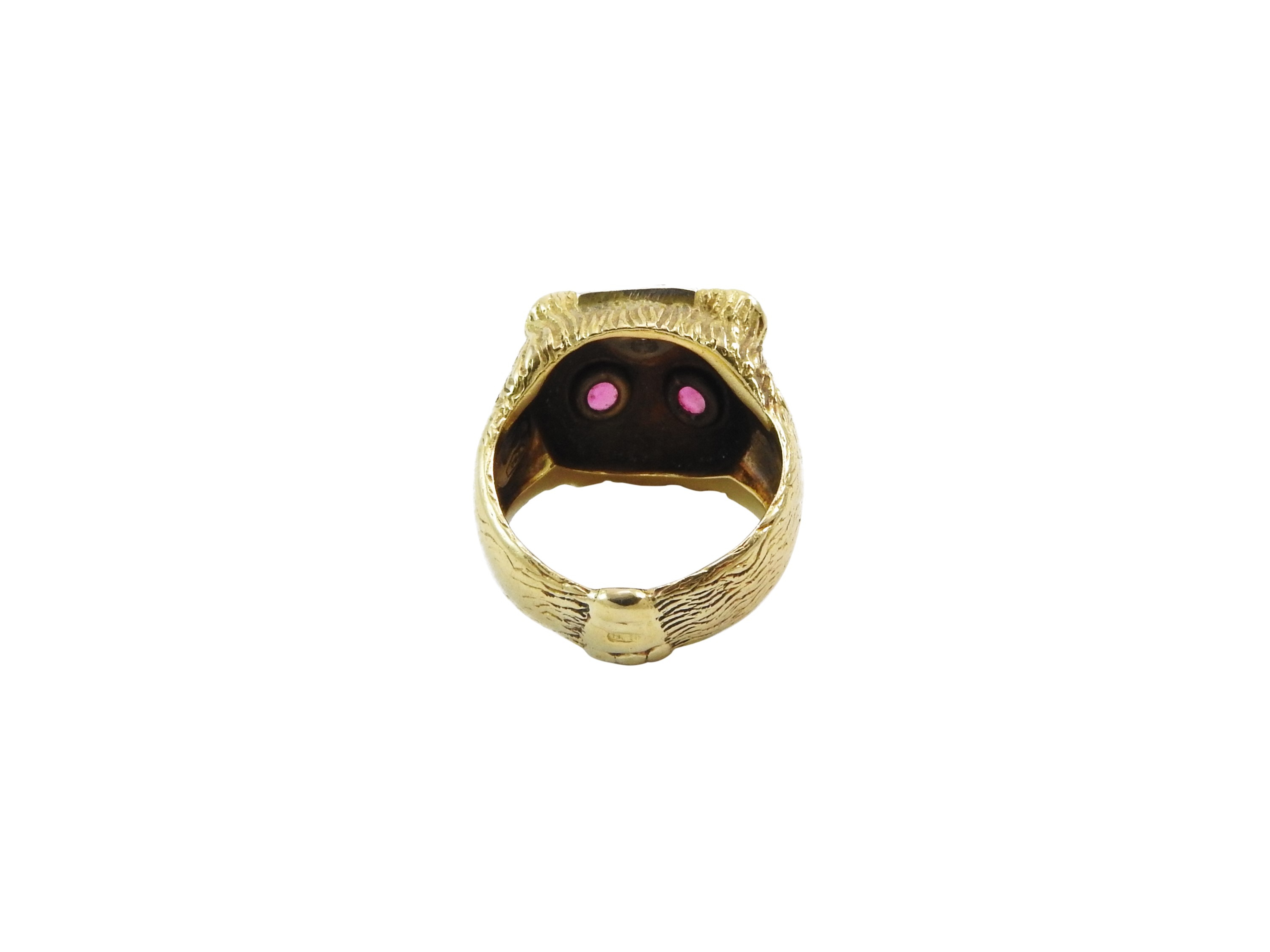 Anello da mignolo animalier in oro giallo con diamanti e rubini