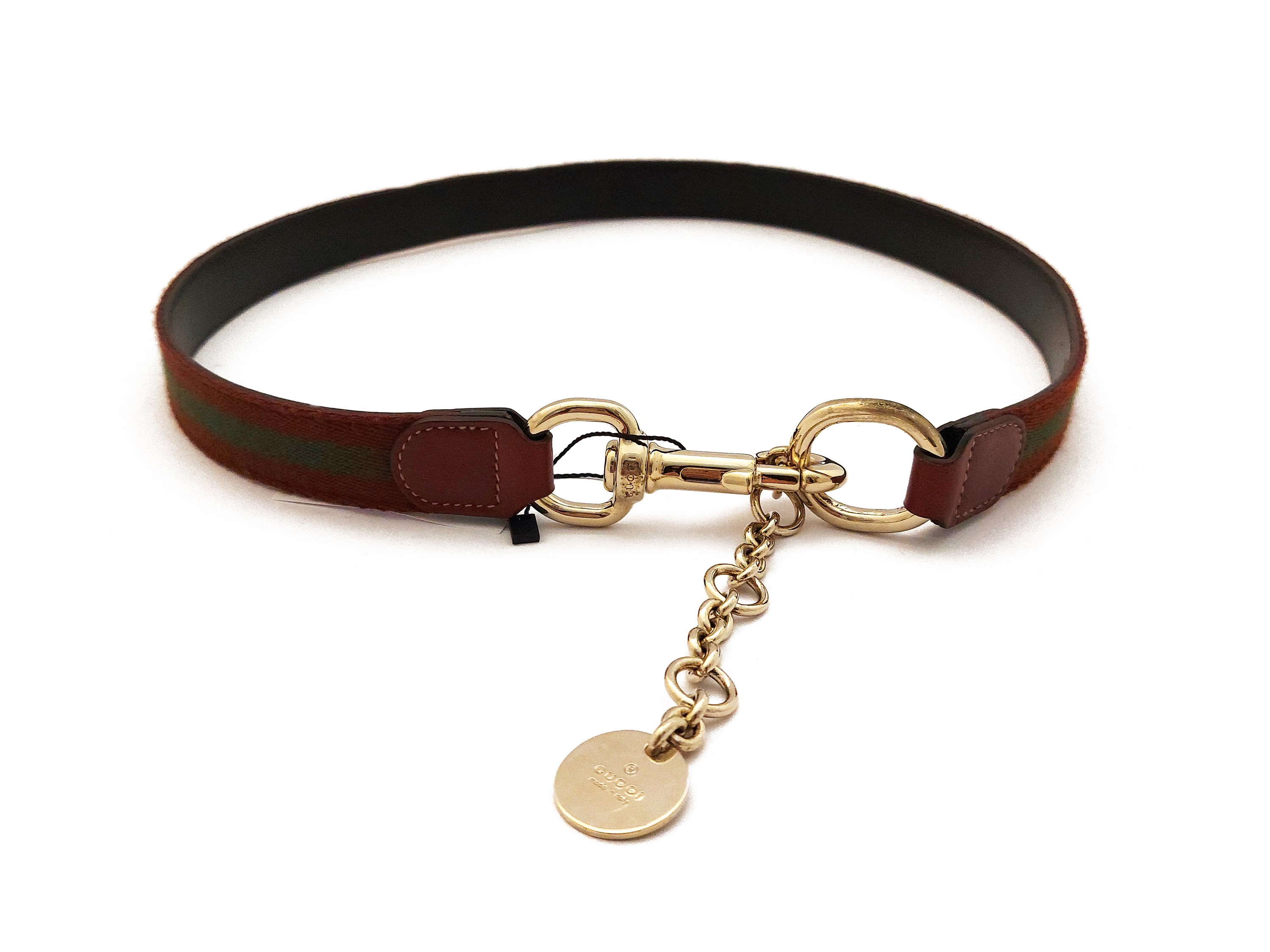 Gucci, Cintura in pelle nera e tela bordeaux e verde