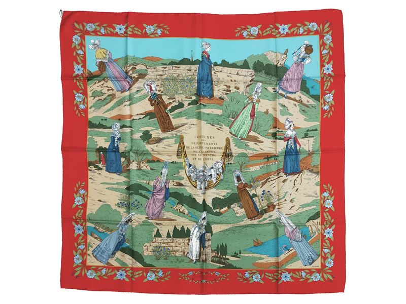 Hermès, Foulard in Seta "costumes De Departements De la Seine Inférieur Du Calvados...