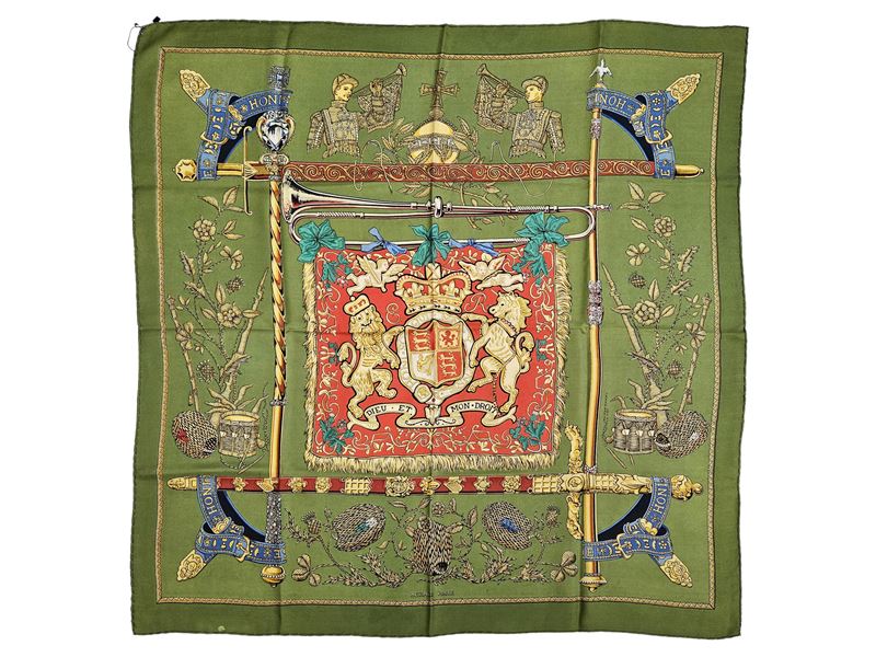 Hermès, Foulard in Seta "dieu Et Mon Droit"