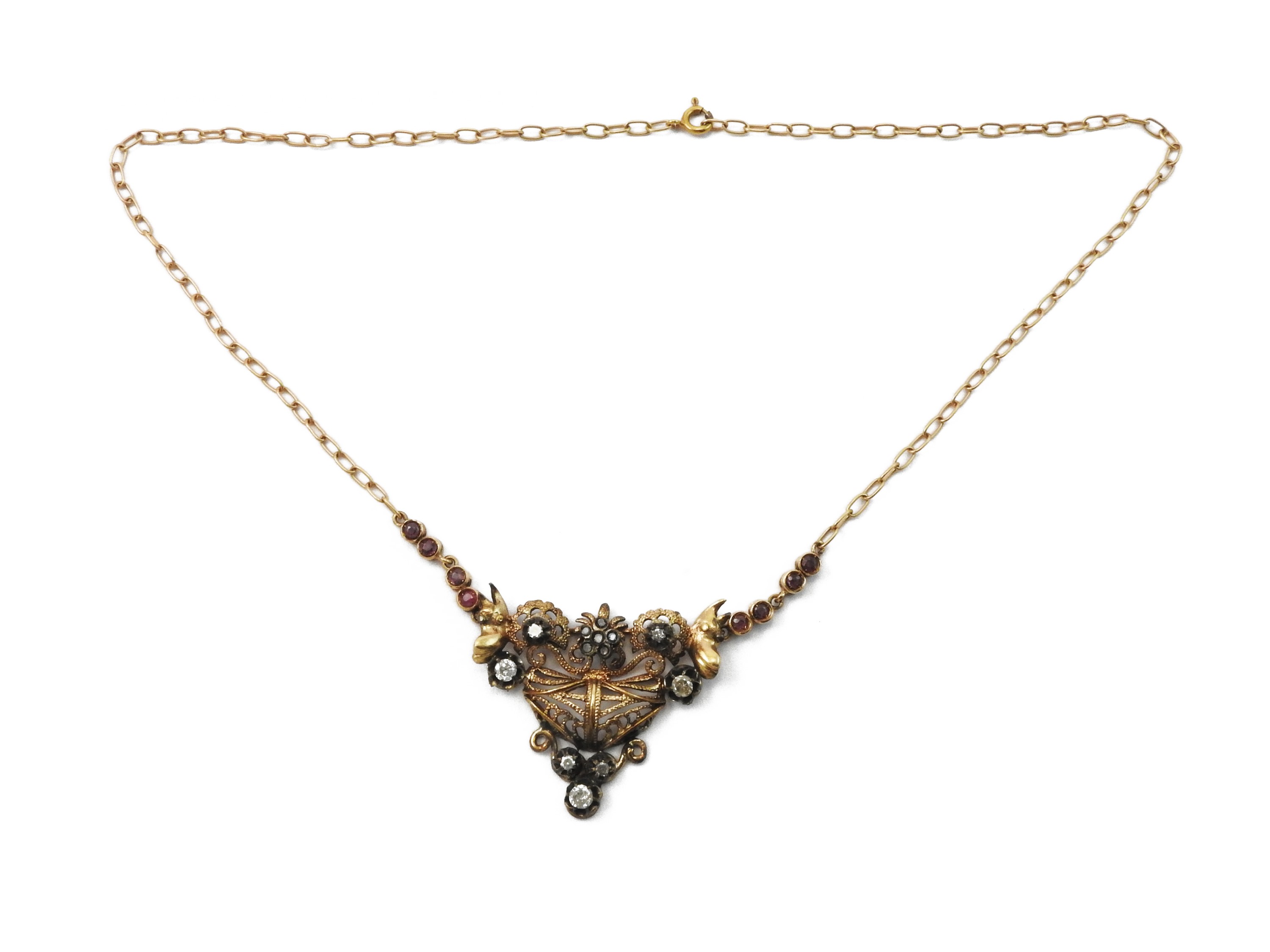 Collana in Oro a Basso Titolo ed Argento con Diamanti e Rubini