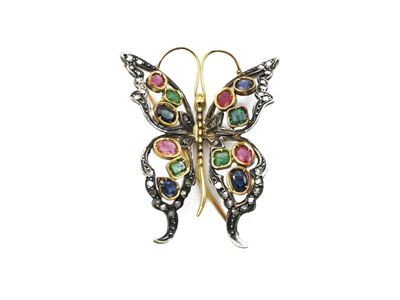 Spilla Animalier in Oro Giallo ed Argento con Diamanti, Zaffiri, Rubini e Smeraldi