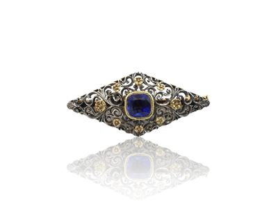 Spilla in Oro Giallo ed Argento con Doppietta Blu