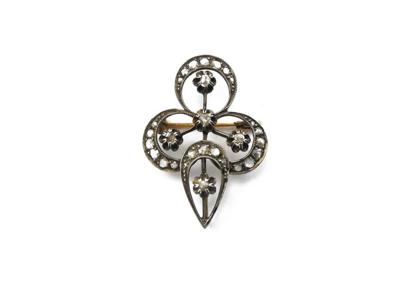 Pendente Spilla in Oro Giallo ed Argento con Diamanti