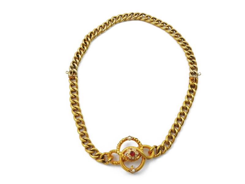 Demi Parure Borbonica Collana ed Anello in Oro a Basso Titolo con Paste Vitree e Microperle