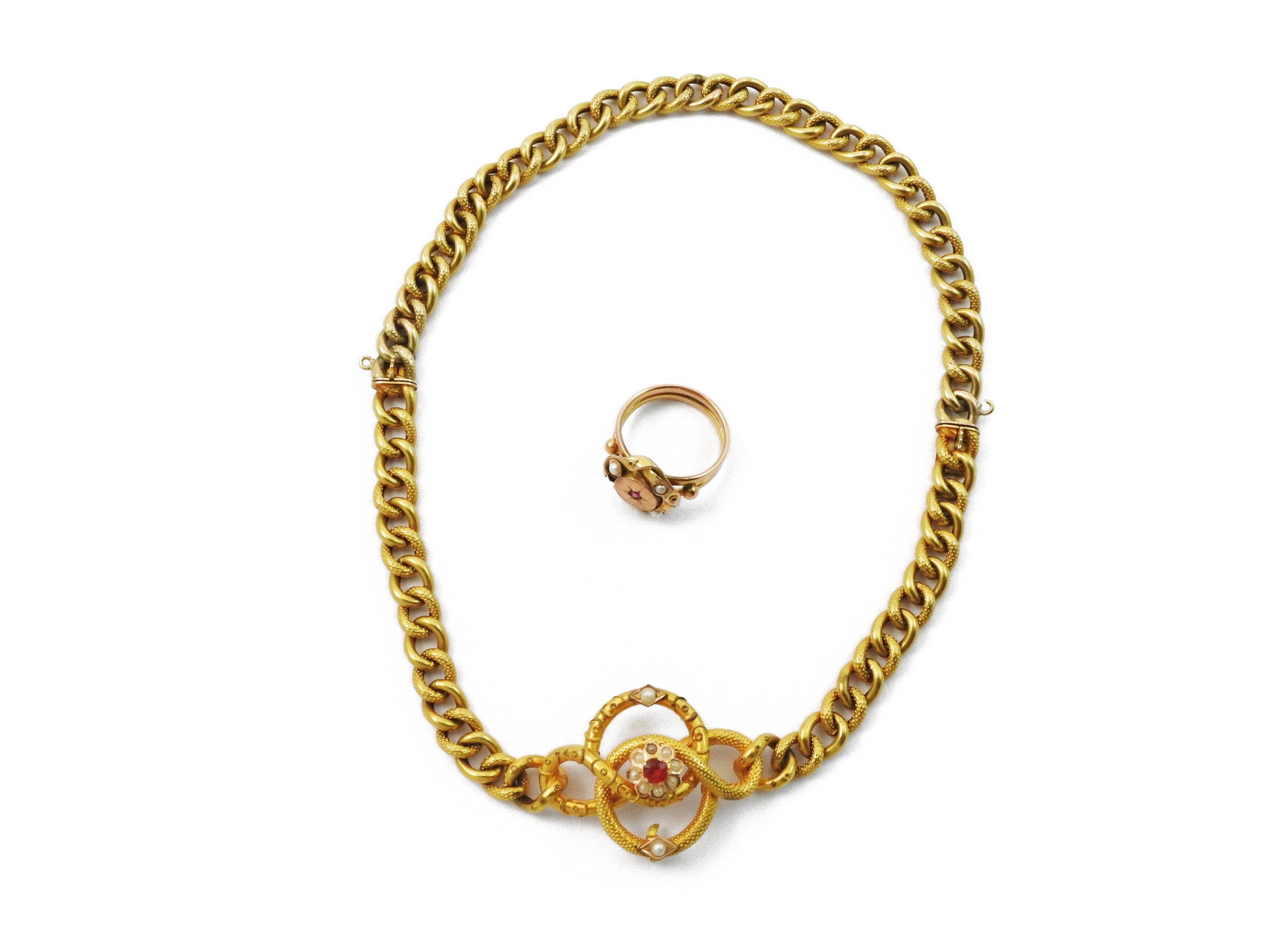 Demi parure borbonica collana ed anello in oro a basso titolo con paste vitree e microperle