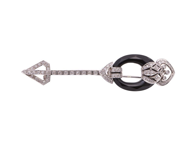 Spilla in Oro Bianco con Diamanti ed Onice