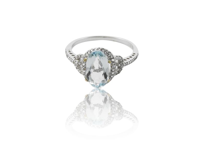 Anello Solitario in Oro Bianco con Diamanti e Acquamarina