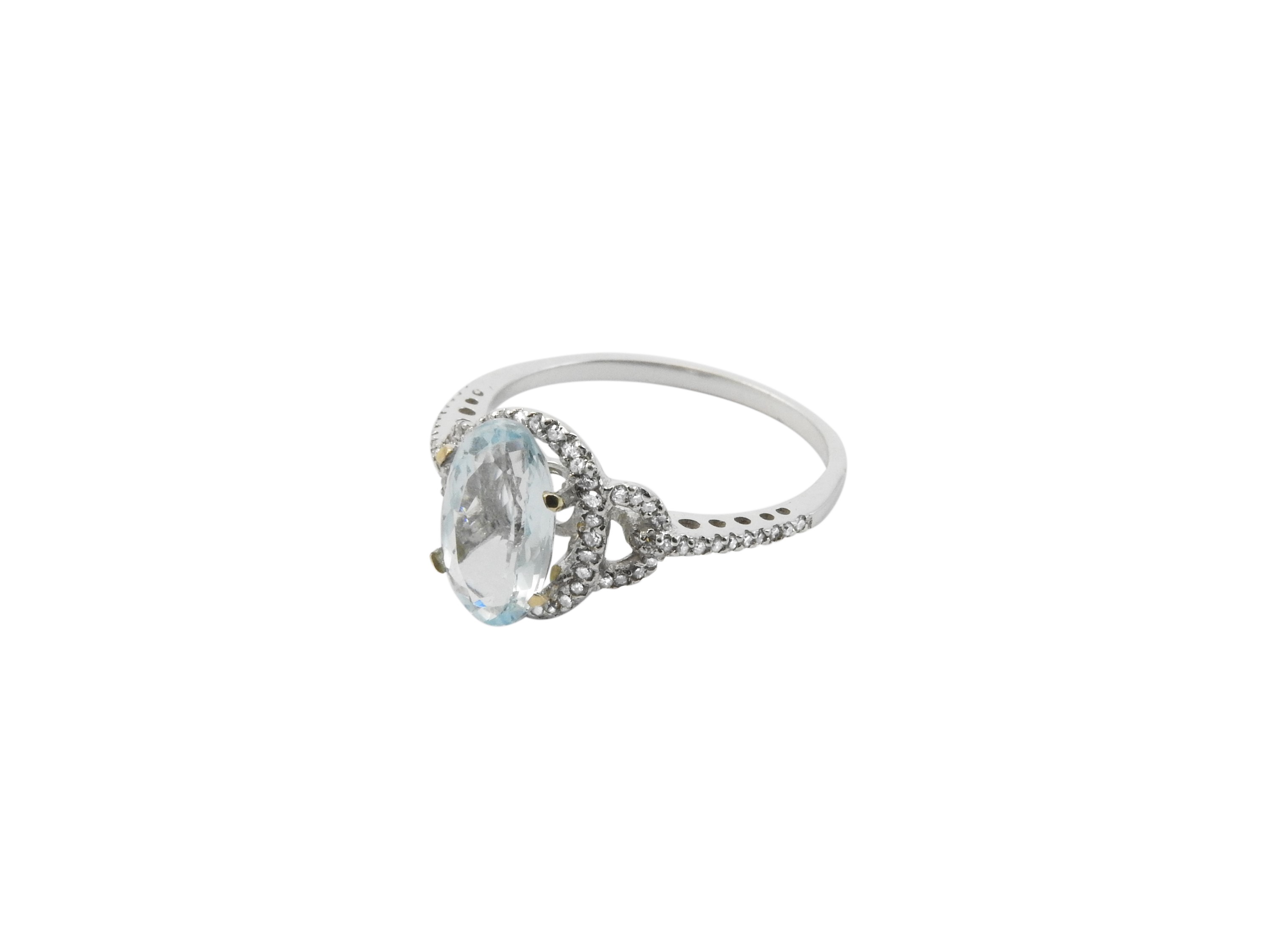 Anello Solitario in Oro Bianco con Diamanti e Acquamarina