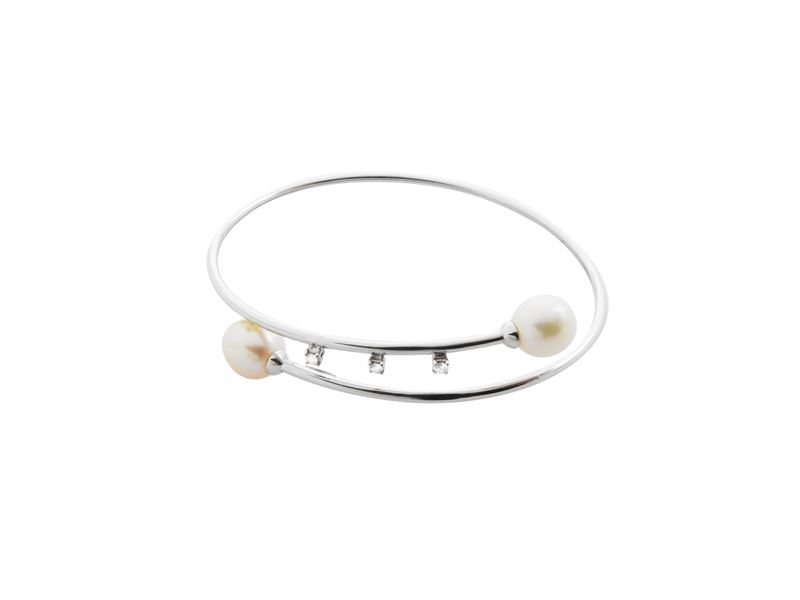 Bracciale Rigido in Oro Bianco con Diamanti e Perle Coltivate